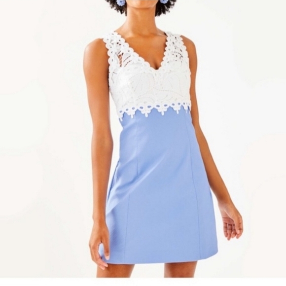 Lilly Pulitzer SANDI Stretch Shift Dress in blue and white size 2 Wedding Guest - Picture 2 of 16
